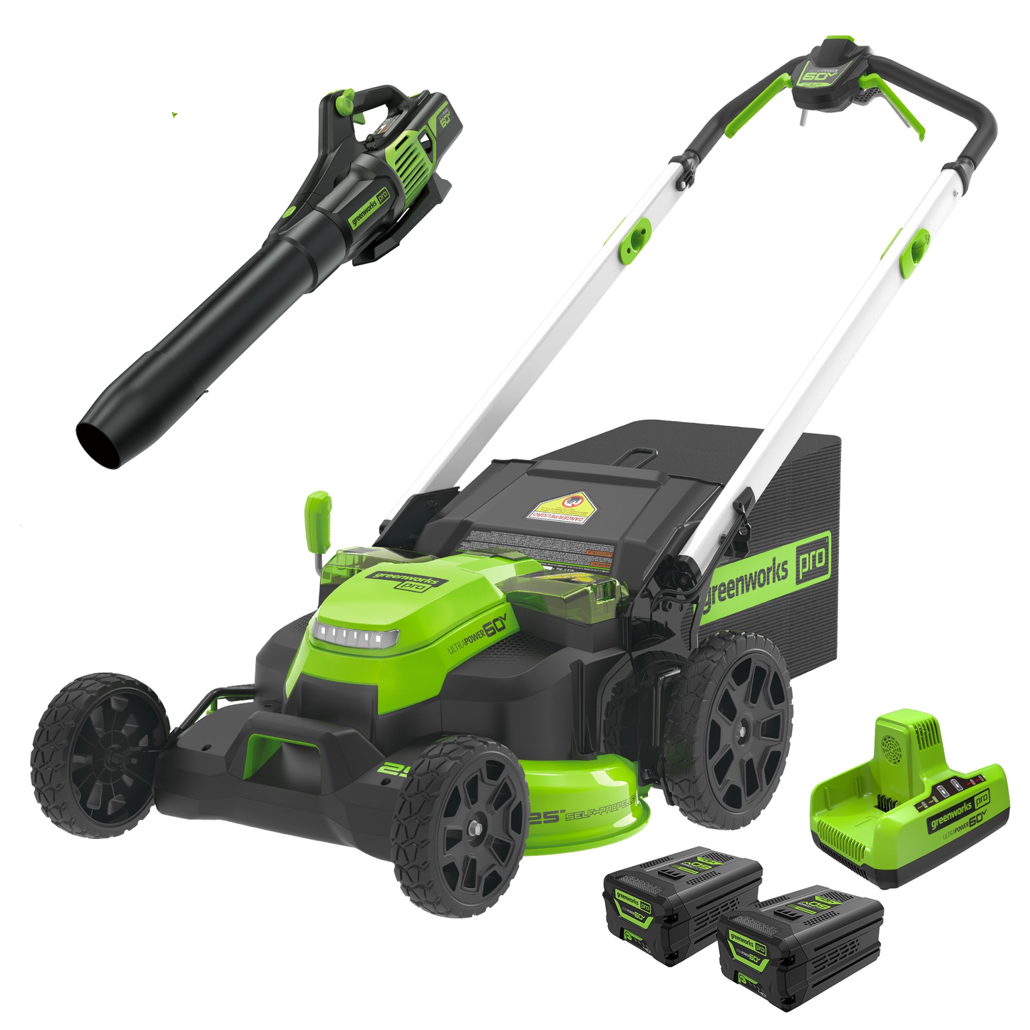 Greenworks 60V 25" Cordless Battery Self-Propelled Mower Combo Kit w/ Blower, (2) 4.0Ah Batteries and Dual Port Charger - 1350102-VK