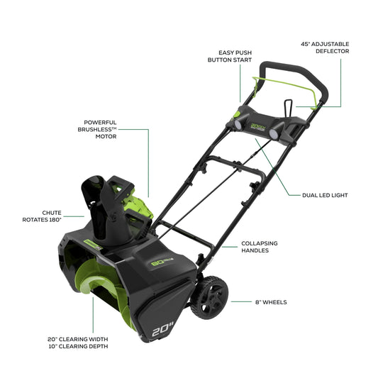 Greenworks 80V 20" Cordless Battery Single-Stage Snow Blower w/ 4.0Ah Battery & Charger - 2615602