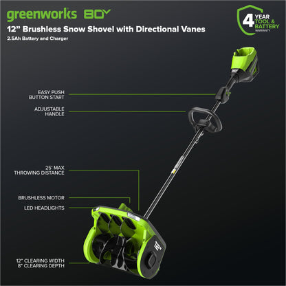 Greenworks 80V 12" Cordless Battery LED Snow Shovel w/ Directional Vanes, 2.5Ah Battery and Charger - 2618202