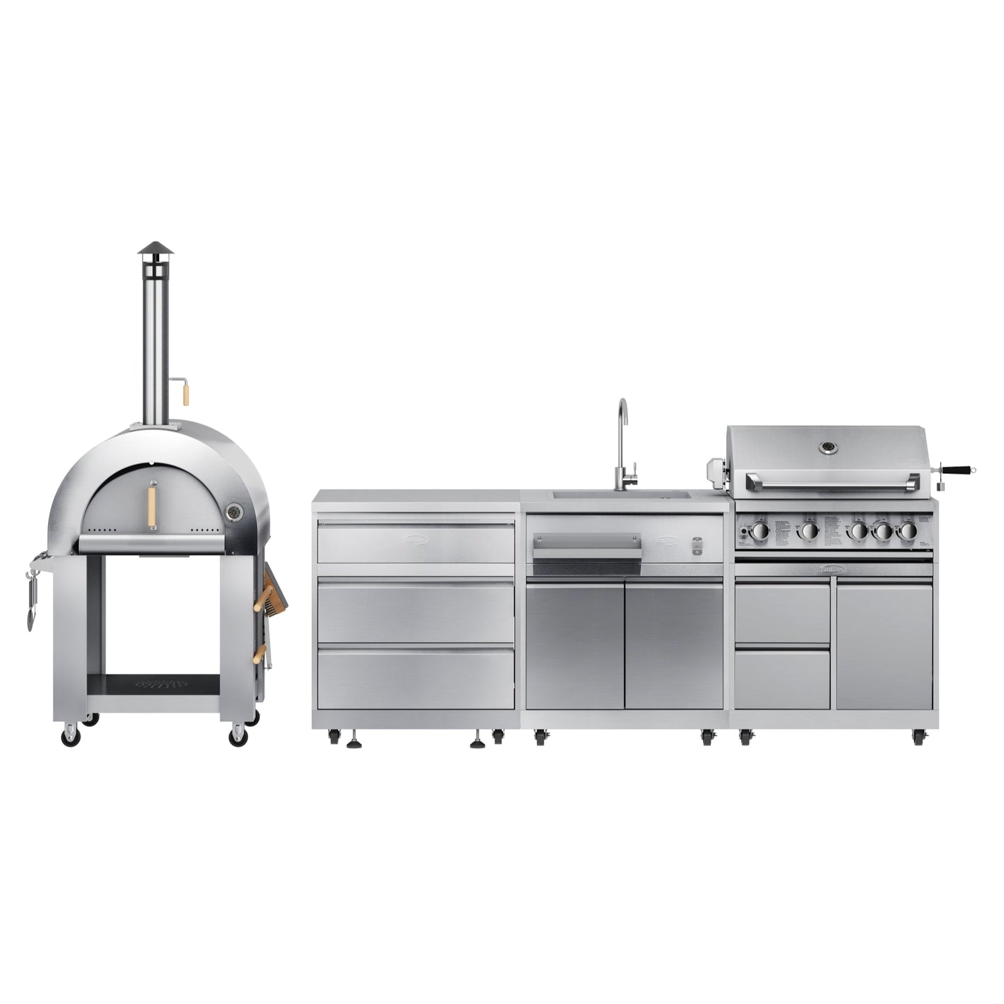 KOOLMORE KoolMore Outdoor Kitchen Series Modular Kitchen with a Wood fire Pizza Oven, 3 Drawer Cabinet,  Sink, 30 in. BBQ Grill and Cabinet in Stainless-Steel  - KMOKSKITCONFIG102