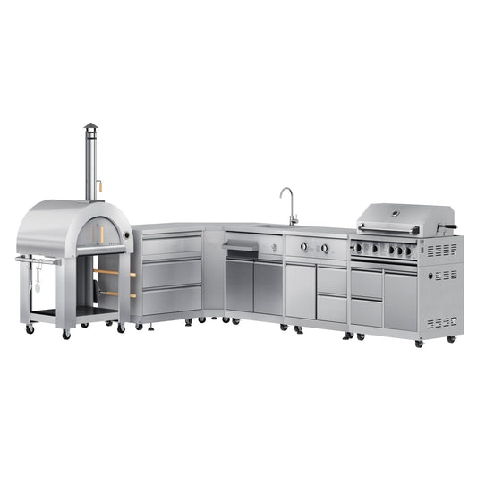 KOOLMORE KoolMore Outdoor Kitchen Series Modular Kitchen with a Wood fire Pizza Oven, 3 Drawer Cabinet, Corner Cabinet, Sink, Side Burner, 30 in. BBQ Grill and Cabinet in Stainless-Steel  - KMOKSKITCONFIG110