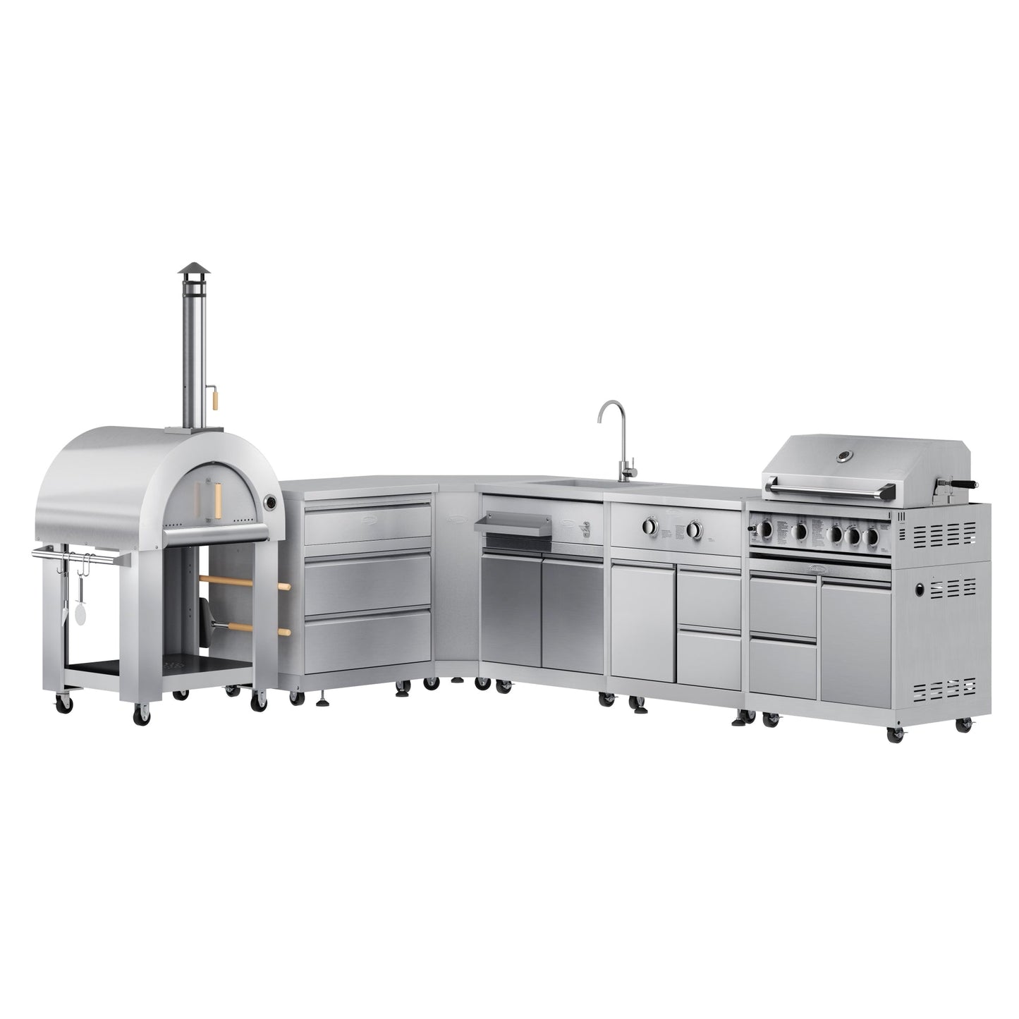 KOOLMORE KoolMore Outdoor Kitchen Series Modular Kitchen with a Wood fire Pizza Oven, 3 Drawer Cabinet, Corner Cabinet, Sink, Side Burner, 30 in. BBQ Grill and Cabinet in Stainless-Steel  - KMOKSKITCONFIG110