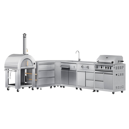KOOLMORE KoolMore Outdoor Kitchen Series Modular Kitchen with a Wood fire Pizza Oven, 3 Drawer Cabinet, Corner Cabinet, Sink, Side Burner, 30 in. BBQ Grill and Cabinet in Stainless-Steel  - KMOKSKITCONFIG110