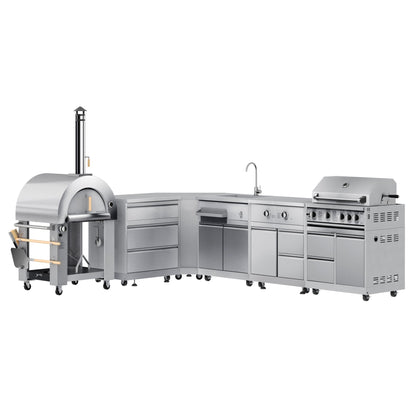 KOOLMORE KoolMore Outdoor Kitchen Series Modular Kitchen with a Dual Fuel Pizza Oven, 3 Drawer Cabinet, Corner Cabinet, Sink, Side Burner, 30 in. BBQ Grill and Cabinet in Stainless-Steel - KMOKSKITCONFIG111