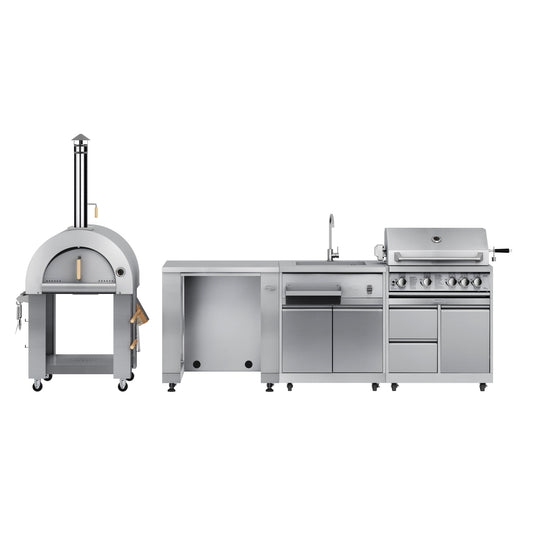 KOOLMORE KoolMore Outdoor Kitchen Series Modular Kitchen with a Wood Fire Pizza Oven, Refrigerator and Cabinet, Sink, 30 in. BBQ Grill and Grill Cabinet in Stainless-Steel (KM-OKSKIT-CONFIG117) - KMOKSKITCONFIG117