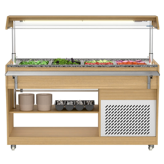KOOLMORE 59 in. Commercial Refrigerated Buffet Table with Capacity for 4 Full-Size GN Pans, Featuring Adjustable Cover, a Serving Rail and 4 Lockable Casters in Wooden Finish  - KM-RBT-54ACS