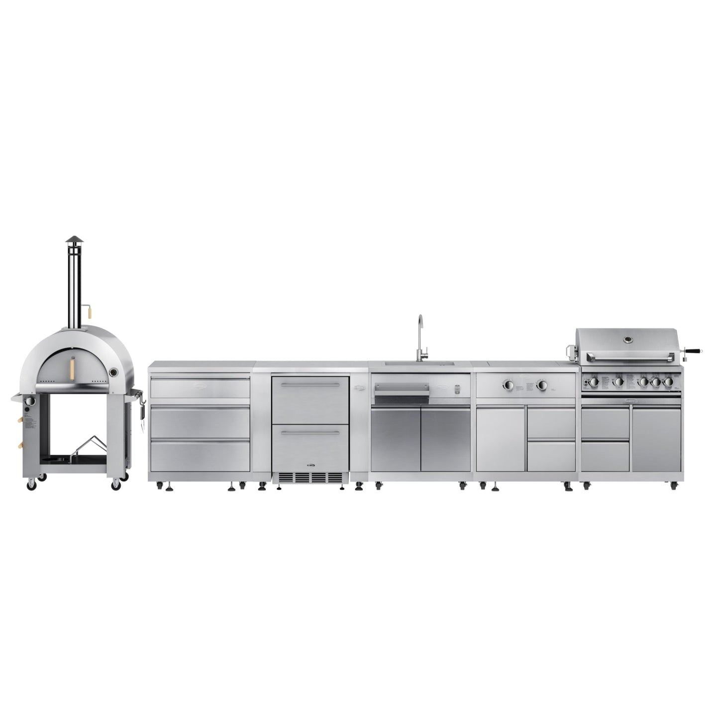 KOOLMORE KoolMore Outdoor Kitchen Series Modular Kitchen with a Dual Fuel Pizza Oven, 3 Drawer Cabinet, Refrigerator and Cabinet, Sink, Side Burner and 30 in. BBQ Grill with Cabinet in Stainless-Steel - KMOKSKITCONFIG109