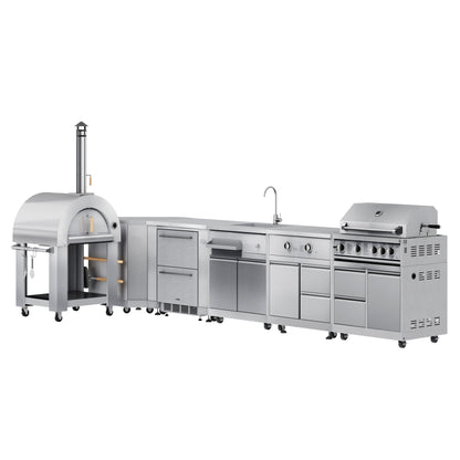 KOOLMORE KoolMore Outdoor Kitchen Series Modular Kitchen with a Wood Fire Pizza Oven, Corner Cabinet, Refrigerator and Cabinet, Sink, Side Burner and 30 in. BBQ Grill with Cabinet in Stainless-Steel - KMOKSKITCONFIG112