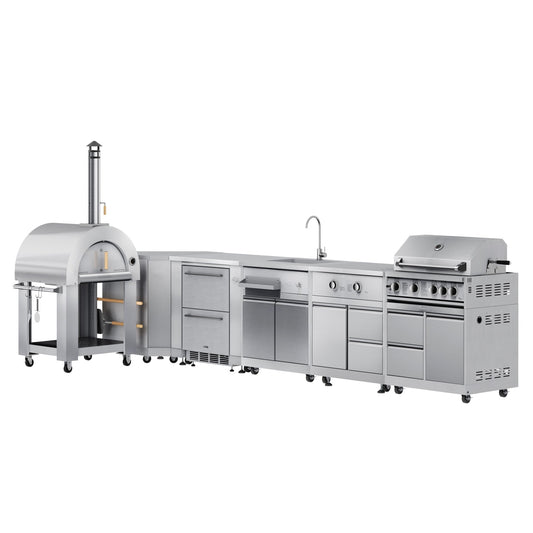 KOOLMORE KoolMore Outdoor Kitchen Series Modular Kitchen with a Wood Fire Pizza Oven, Corner Cabinet, Refrigerator and Cabinet, Sink, Side Burner and 30 in. BBQ Grill with Cabinet in Stainless-Steel - KMOKSKITCONFIG112