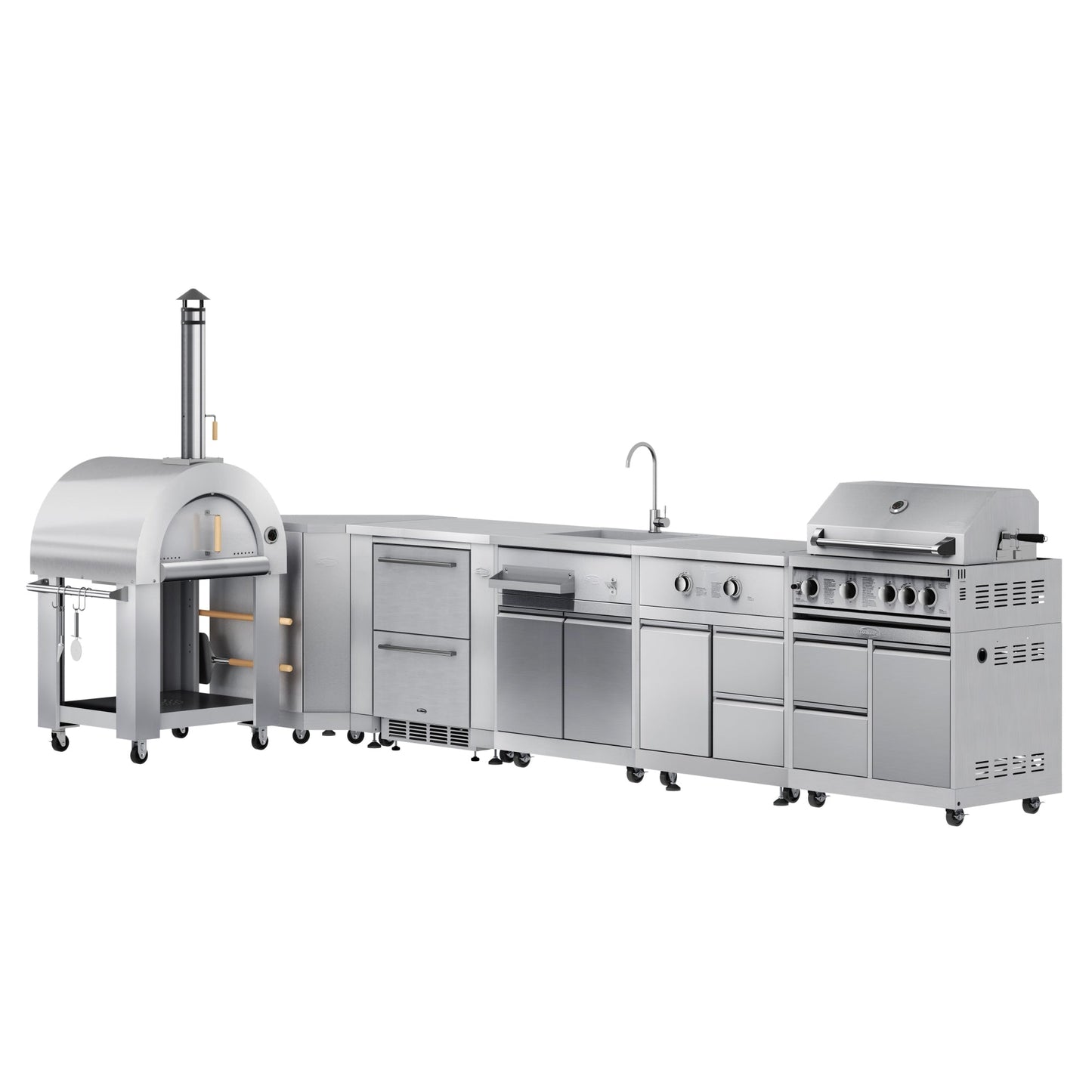 KOOLMORE KoolMore Outdoor Kitchen Series Modular Kitchen with a Wood Fire Pizza Oven, Corner Cabinet, Refrigerator and Cabinet, Sink, Side Burner and 30 in. BBQ Grill with Cabinet in Stainless-Steel - KMOKSKITCONFIG112
