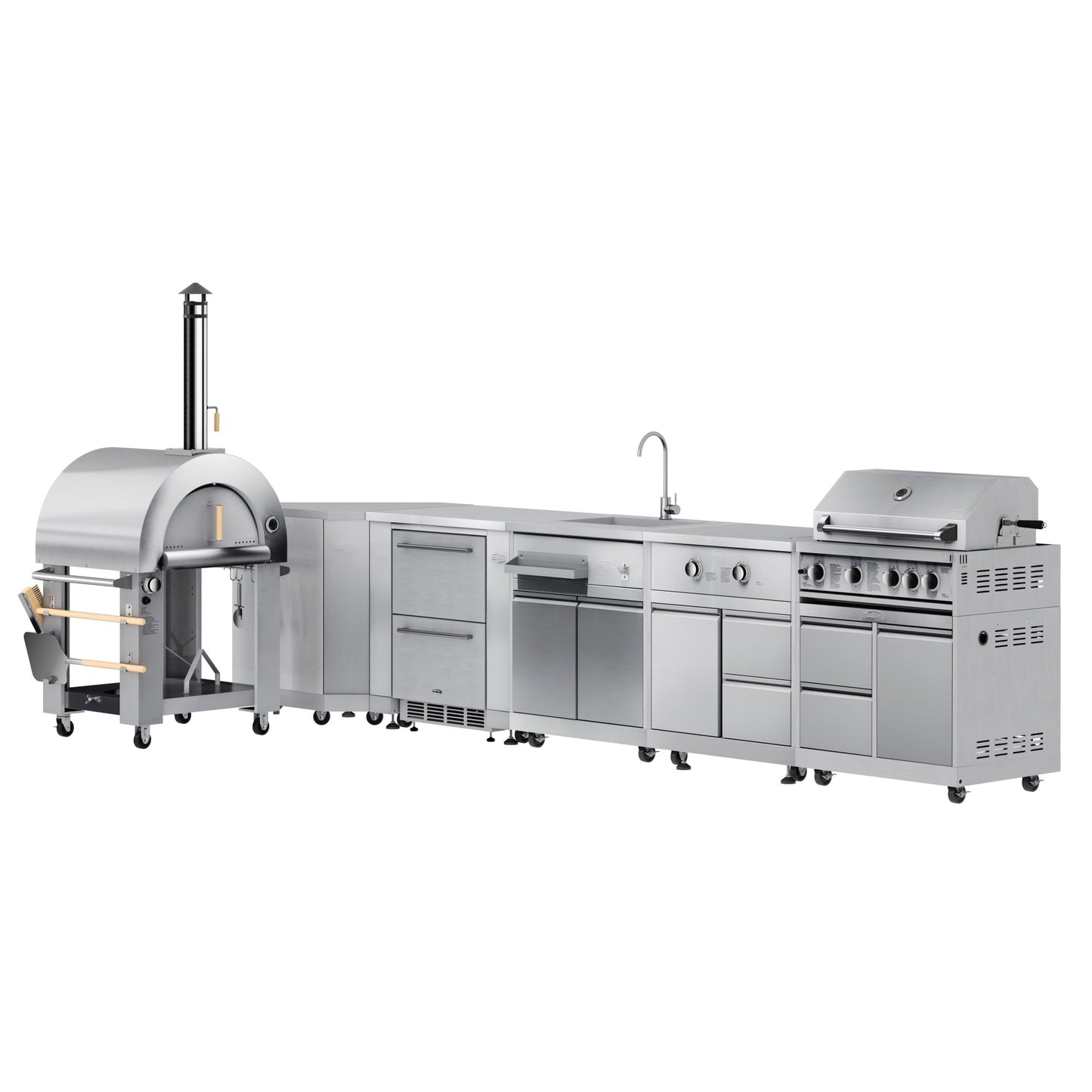 KOOLMORE KoolMore Outdoor Kitchen Series Modular Kitchen with a Dual Fuel Pizza Oven, Corner Cabinet, Refrigerator and Cabinet, Sink, Side Burner and 30 in. BBQ Grill with Cabinet in Stainless-Steel - KMOKSKITCONFIG113