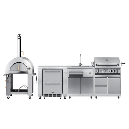 KOOLMORE KoolMore Outdoor Kitchen Series Modular Kitchen with a Dual Fuel Pizza Oven, Refrigerator and Cabinet, Double Refrigerator Drawers, Sink and 30 in. BBQ Grill and Cabinet in Stainless-Steel  - KMOKSKITCONFIG101