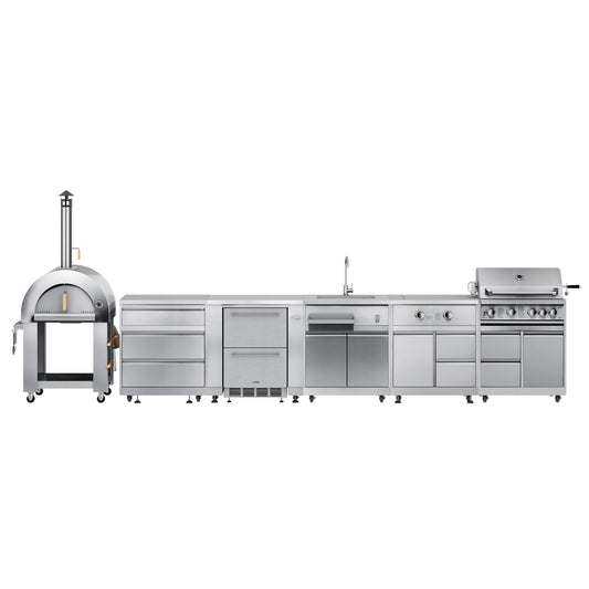 KOOLMORE Outdoor Kitchen Series with Wood-Fire Pizza Oven, 3-Drawer Cabinet, Refrigerator Cabinet, Double Fridge Drawers, Sink, Side Burner, and 30" BBQ Grill in Stainless Steel (CONFIG108) - KMOKSKITCONFIG108