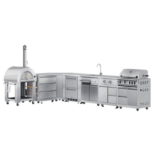 KOOLMORE Outdoor Kitchen Series Modular Kitchen with Wood-Fire Pizza Oven, 3-Drawer Cabinet, Corner Cabinet, Double Refrigerator Drawers, Sink, Side Burner, and 30 in. BBQ Grill in Stainless Steel (KM-OKSKIT-CONFIG10) - KMOKSKITCONFIG106