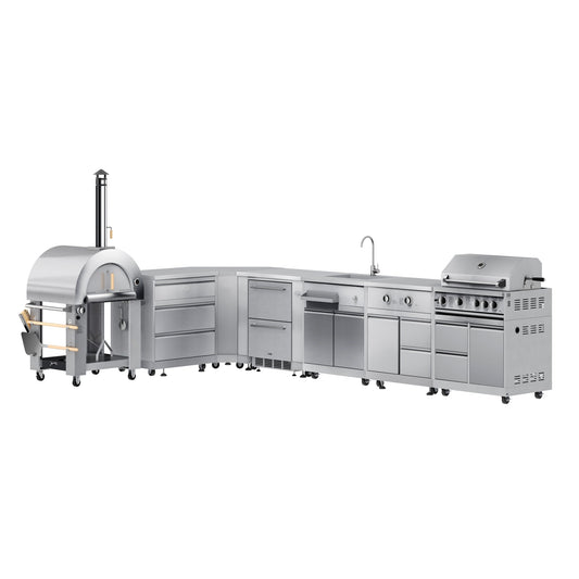 KOOLMORE Outdoor Kitchen Series Modular Kitchen with Dual-Fuel Pizza Oven, 3-Drawer Cabinet, Corner Cabinet, Double Refrigerator Drawers, Sink, Side Burner, and 30 in. BBQ Grill in Stainless Steel (KM-OKSKIT-CONFIG)   - KMOKSKITCONFIG107