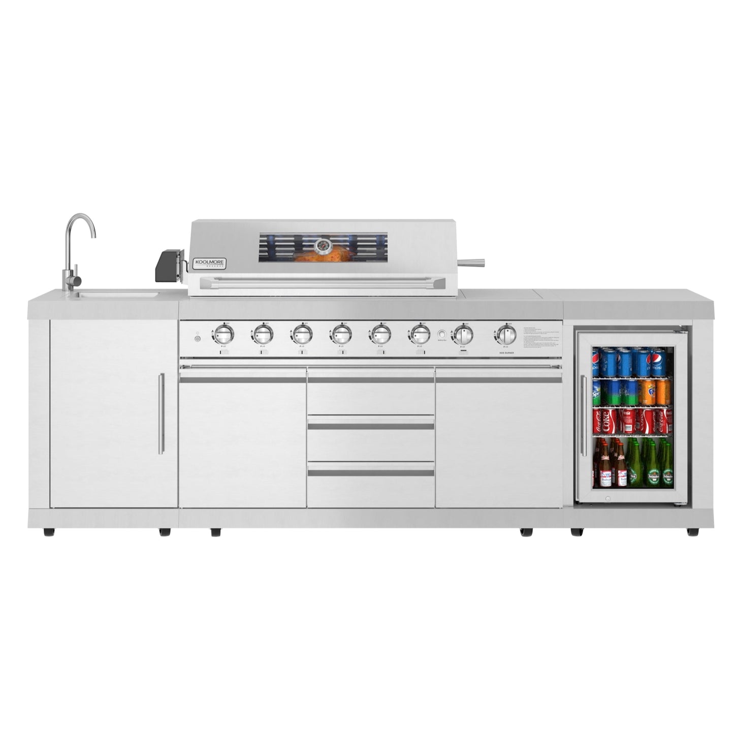 KOOLMORE KoolMore Reserve Outdoor Kitchen Island with 6 Burner Grill and Side Burner, Sink, Storage Cabinet and Beverage Refrigerator in Stainless-Steel - KMOKSBQHUB