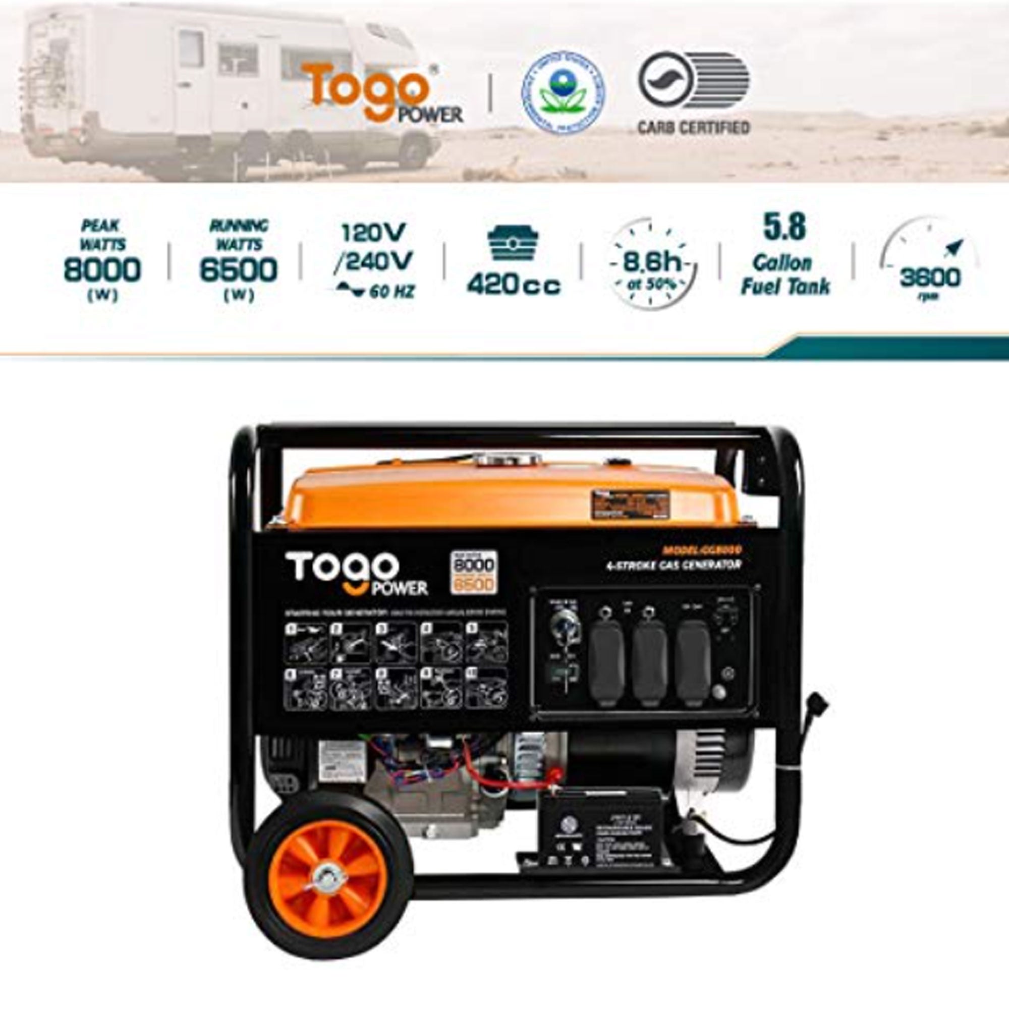 Togo Power Gasoline Powered Portable Generator 8000 Watt Remote Electric Backup - 264683