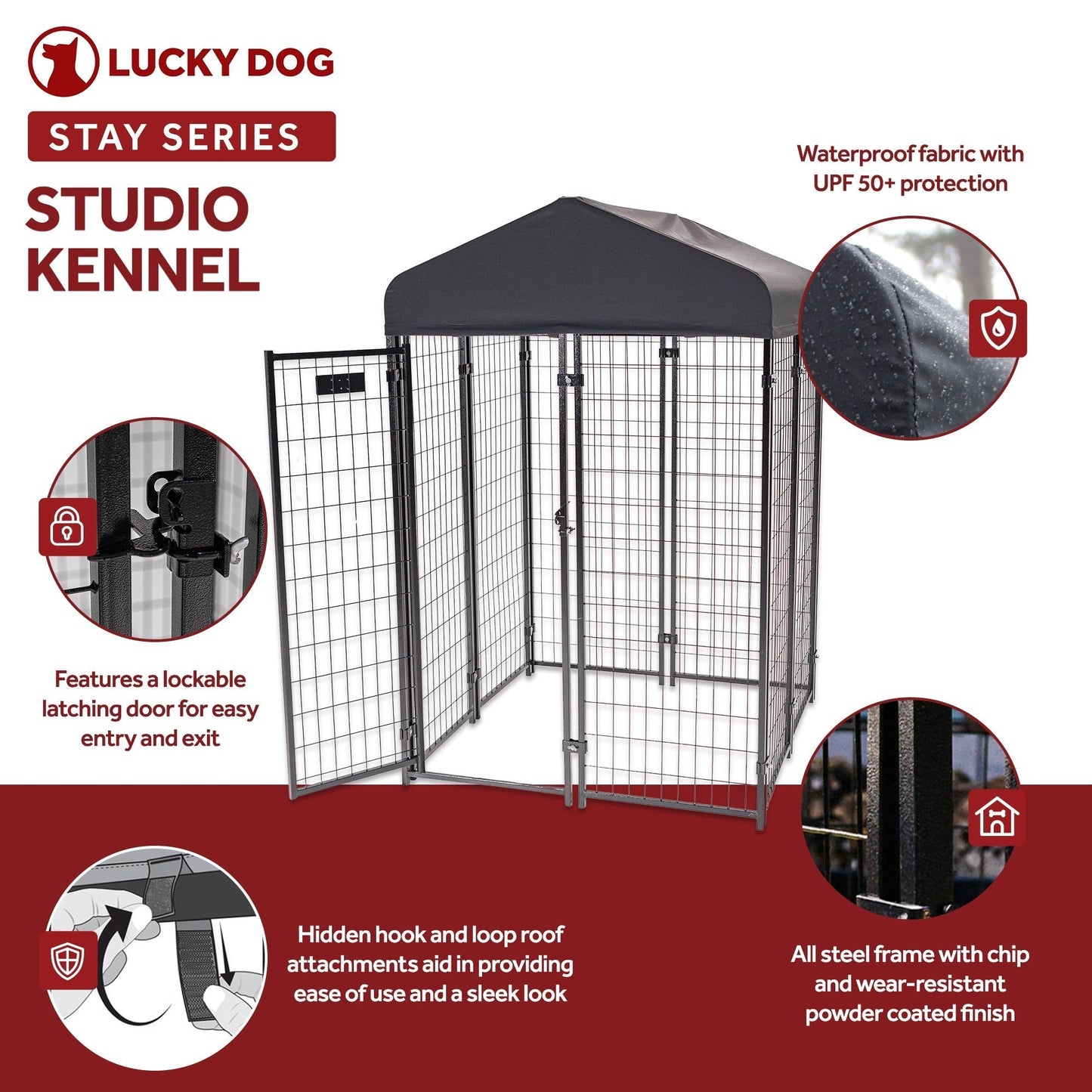 Lucky Dog STAY Series 4 x 4 x 6 Foot Roofed Steel Frame Studio Dog Kennel, Grey - 268849