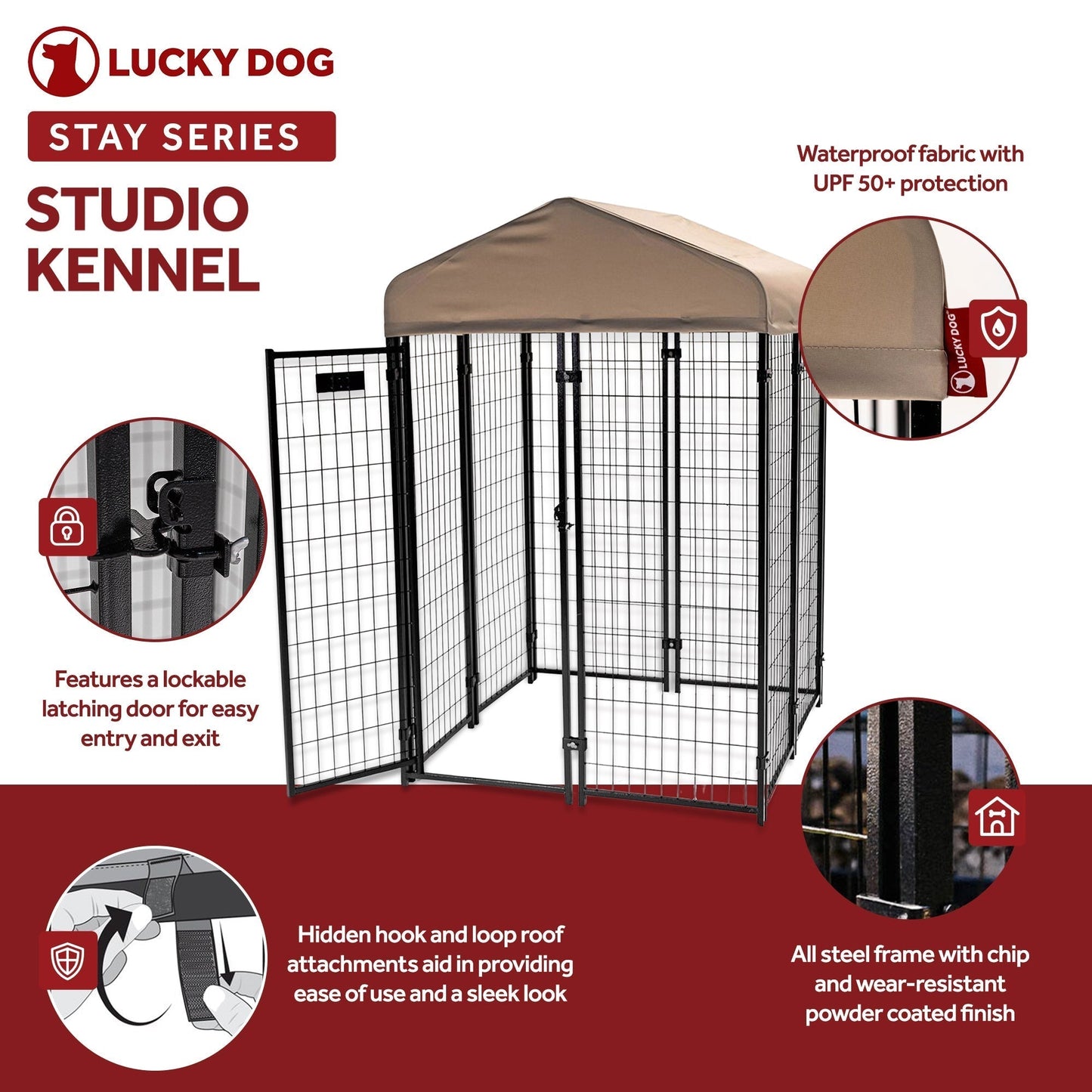 Lucky Dog STAY Series 4 x 4 x 6 Foot Roofed Steel Frame Studio Dog Kennel, Khaki - 268850