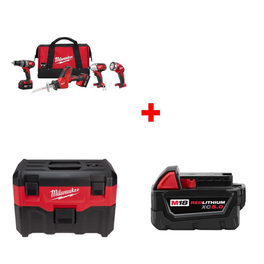 Milwaukee 2695-24 M18 4-Tool Combo Kit w/ FREE 0880-20 Wet/Dry Vacuum & Battery - 616443