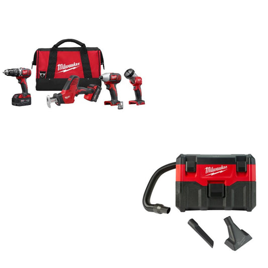Milwaukee 2695-24 M18 4-Tool Combo Kit w/ Two FREE 0880-20 18V Wet/Dry Vacuums - 616438