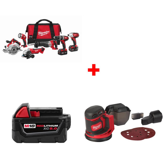 Milwaukee 2696-26 M18 6-Tool Combo Kit w/ FREE 48-11-1850 XC5.0 Battery & Sander - 616520
