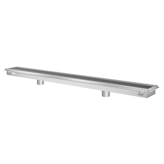 KOOLMORE 12" x 96" Stainless Steel Floor Trough Drain, 14-Gauge with Subway-Style Grating & Removable Drain Basket, NSF Listed  - KMFTG1296