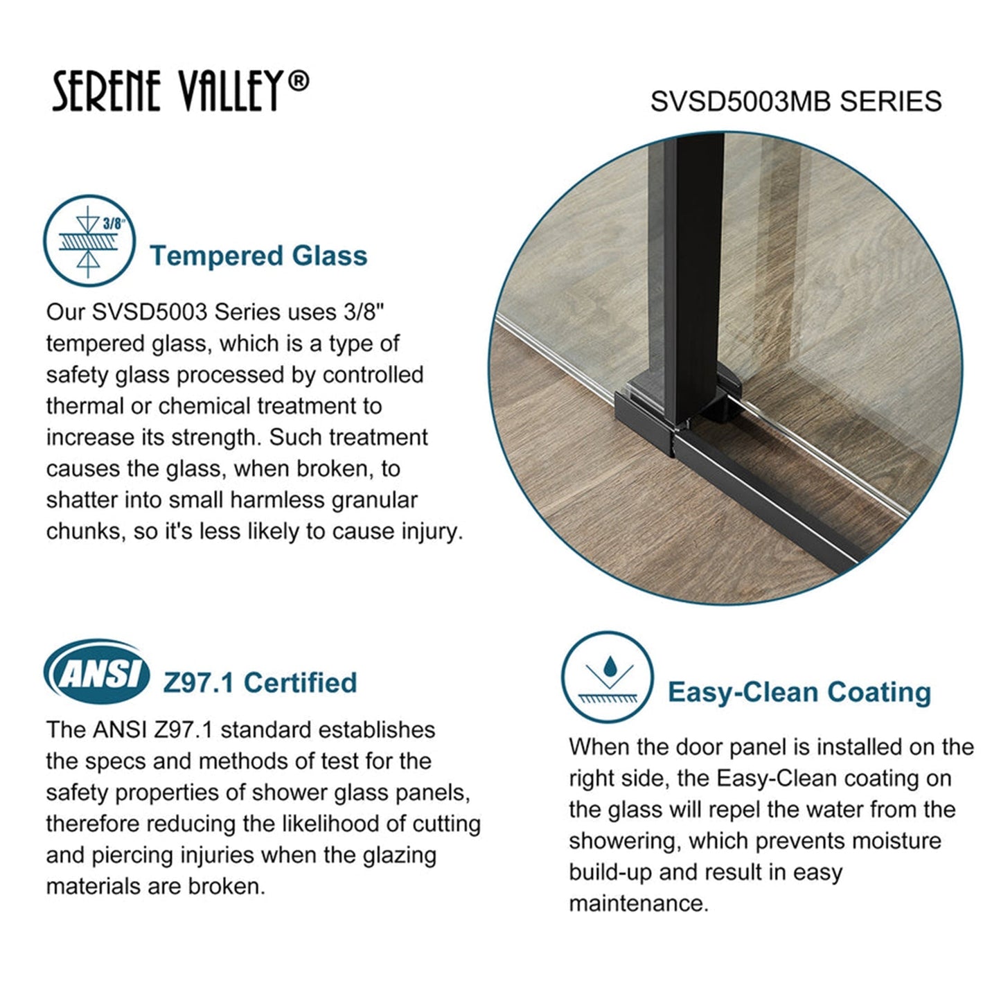Serene Valley 68 x 74 Inch Square Rail Frameless Sliding Shower Door, Black - 280461