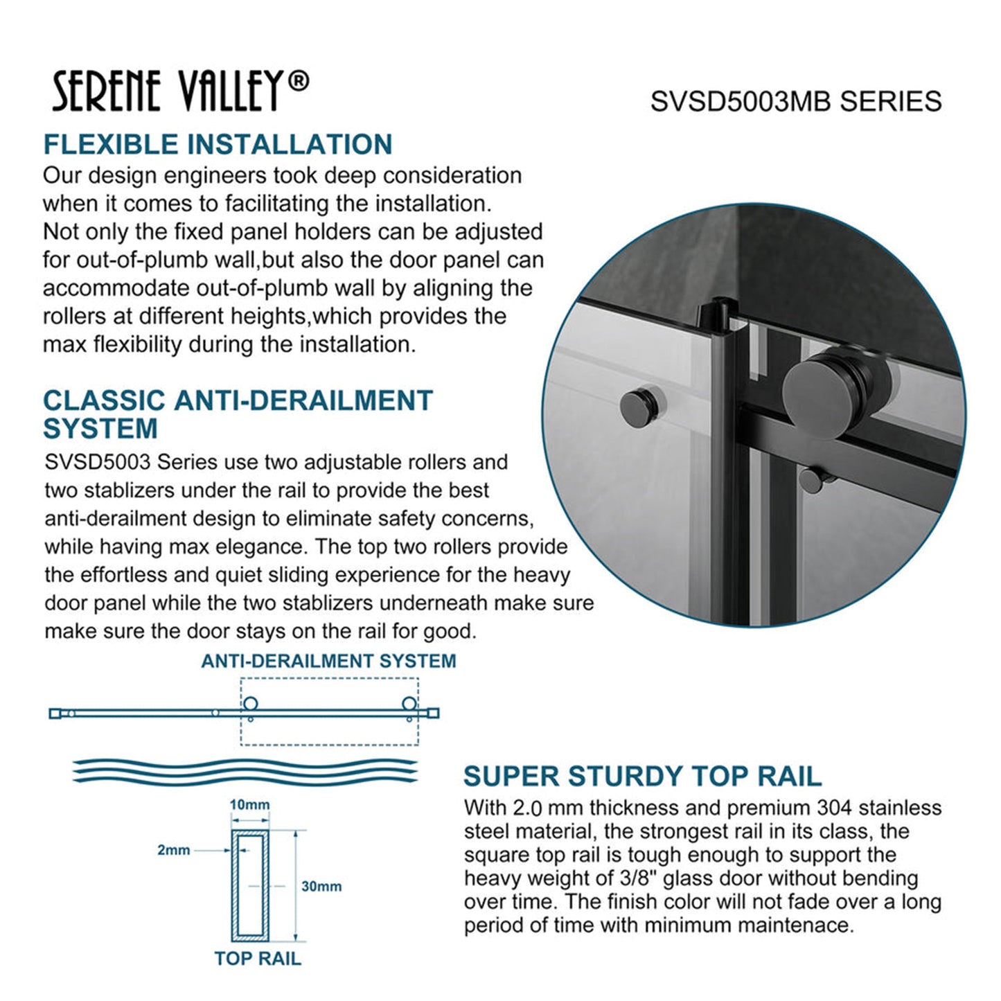 Serene Valley 68 x 74 Inch Square Rail Frameless Sliding Shower Door, Black - 280461