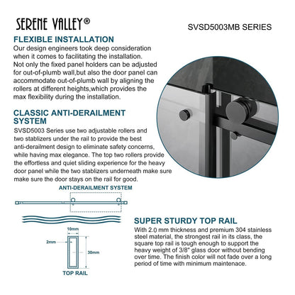 Serene Valley 48 x 74 Inch Square Rail Frameless Sliding Shower Door, Black - 280465