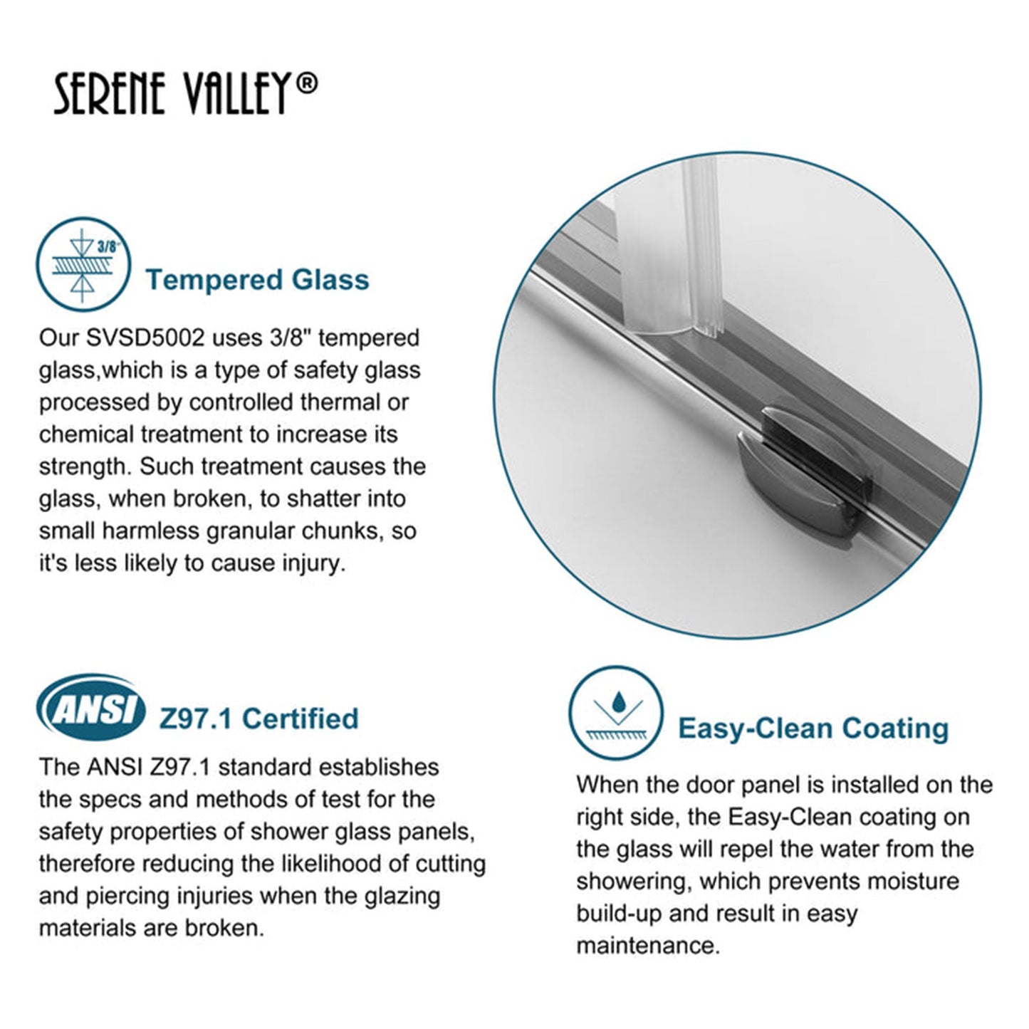 Serene Valley 60 x 66 Inch Square Rail Frameless Sliding Shower Door, Chrome - 280489