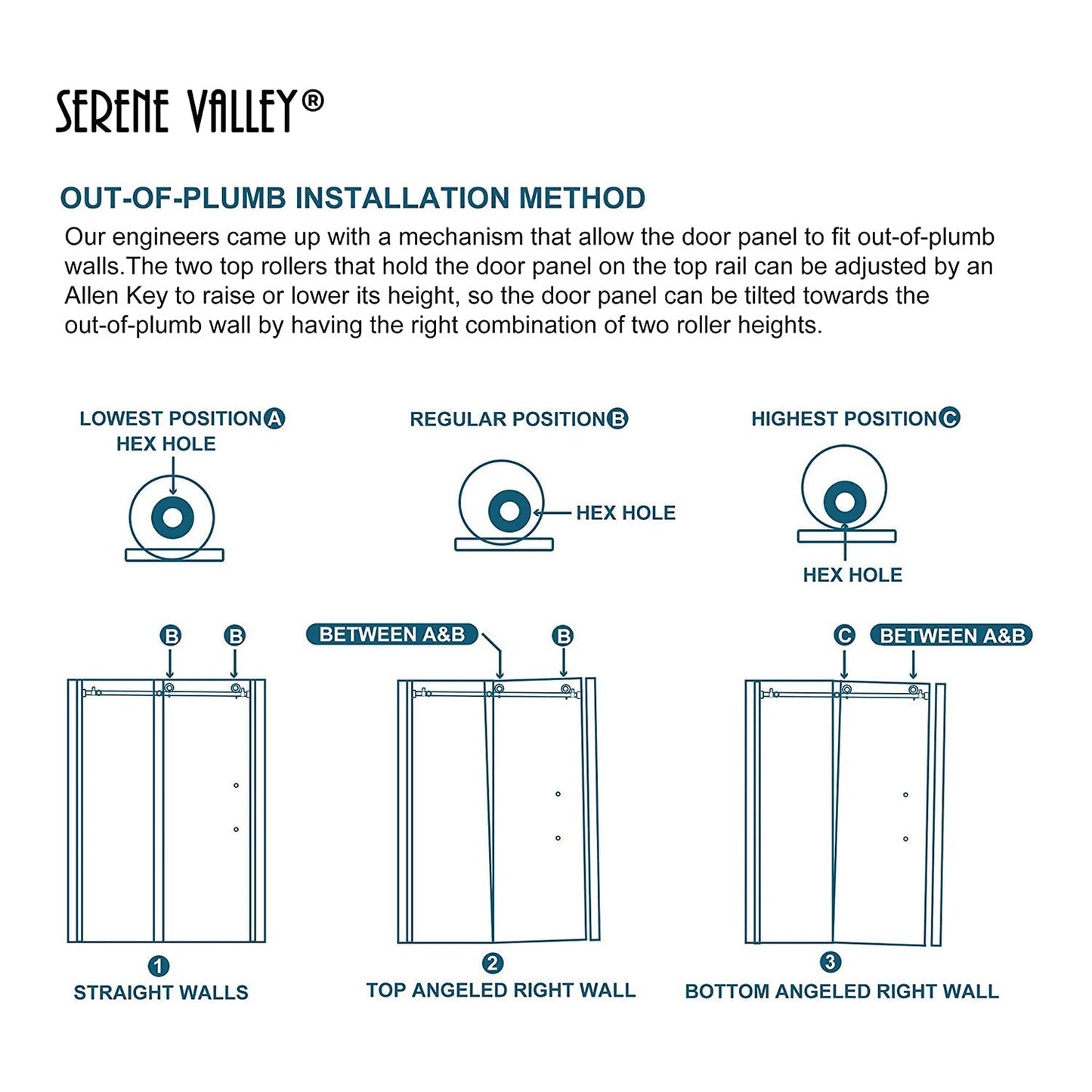 Serene Valley 60 x 66" Big Roller Frameless Sliding Shower Door, Brushed Nickel - 280492