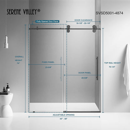Serene Valley 56 x 74 Inch Big Roller Frameless Sliding Shower Door, Matte Black - 280494