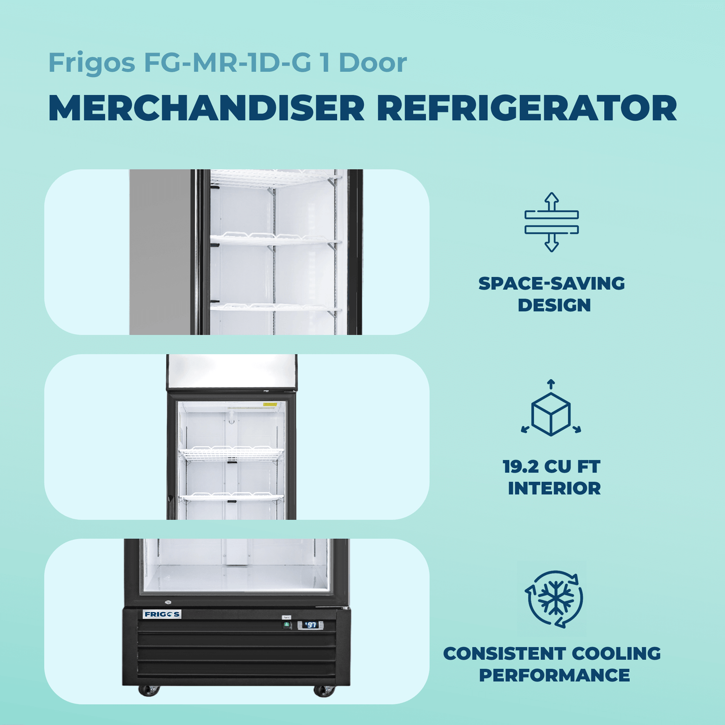 Frigos Merchandiser Refrigerator 27" Width Black Swing Glass 1 Door with LED Lighting with Aluminum Interior with 304 Stainless Steel Floor - FG-MR-1D-G