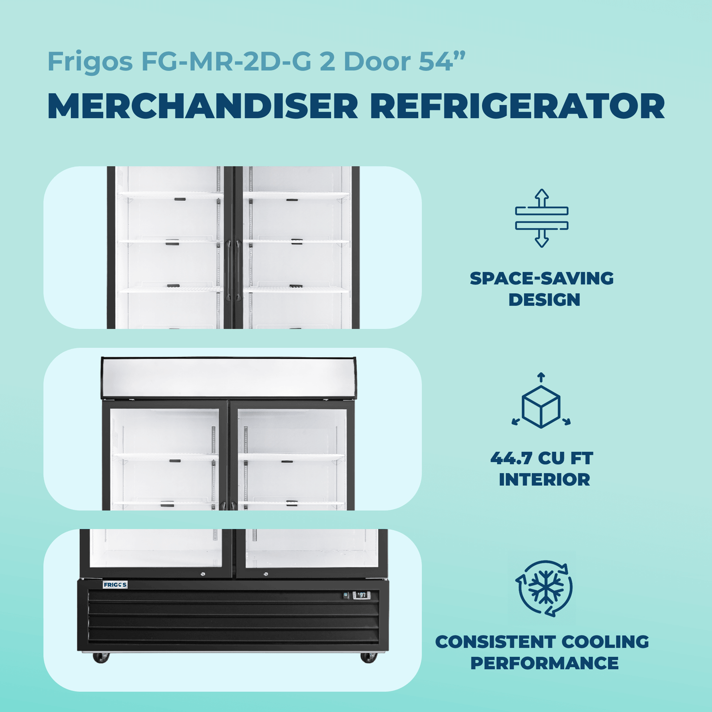 Frigos Merchandiser Refrigerator 54" Width Black Swing Glass 2 Door with LED Lighting with Aluminum Interior with 304 Stainless Steel Floor - FG-MR-2D-G