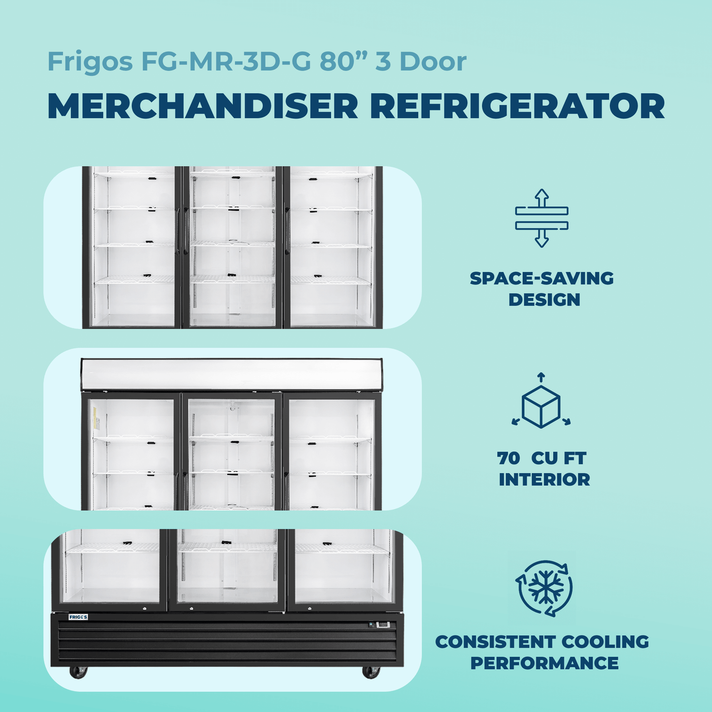 Frigos Commercial Merchandising Refrigerator 80" Width Black Swing Glass 3 Door with LED Lighting with Aluminum Interior with 304 Stainless Steel Floor - FG-MR-3D-G