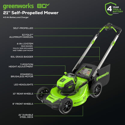 Greenworks 80V 21" Cordless Battery 4-in-1 Self-Propelled Lawn Mower & 700CFM Blower Combo Kit w/ 5.0Ah Battery & 6A Charger - 1369502