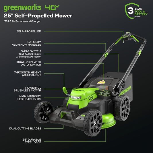 Greenworks 40V 25" Cordless Battery Brushless Dual Blade Self-Propelled Lawn Mower w/ (2) 4.0Ah Batteries & Dual Port Charger - 2543802