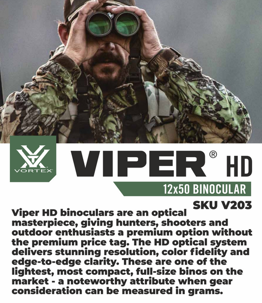 Vortex Optics Viper HD 12x50 Roof Prism Binocular V203 with Free Hat and Wearable4U Bundle - V203_Hat-CD_LCP
