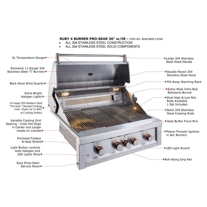 Sunstone Metal Products Ruby Gas Grills - 4 Burner 36" Ruby Drop in Gas Grills w/ IR