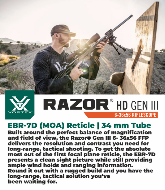 Vortex Optics Razor HD Gen III 6-36x56 FFP EBR-7D (MOA) Reticle 34 mm Tube Riflescope with with Wearable4U Bundle - RZR-63601_Hat-CD