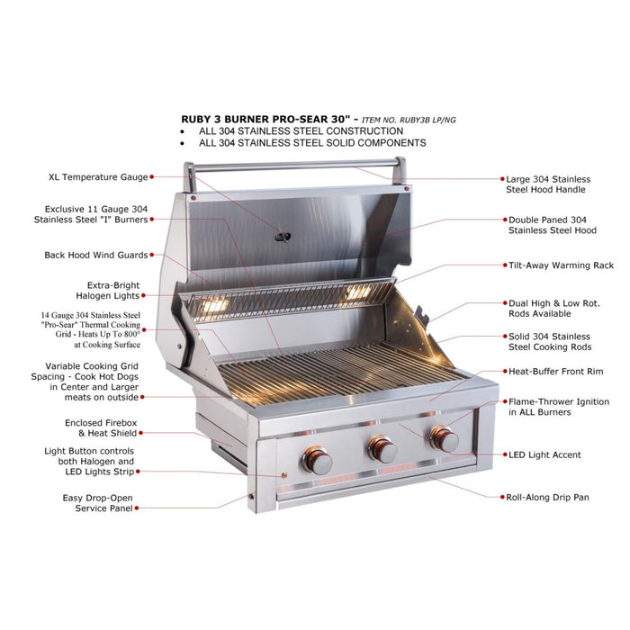 Sunstone Metal Products Ruby Gas Grills - 3 Burner 30" Ruby Drop in Gas Grills