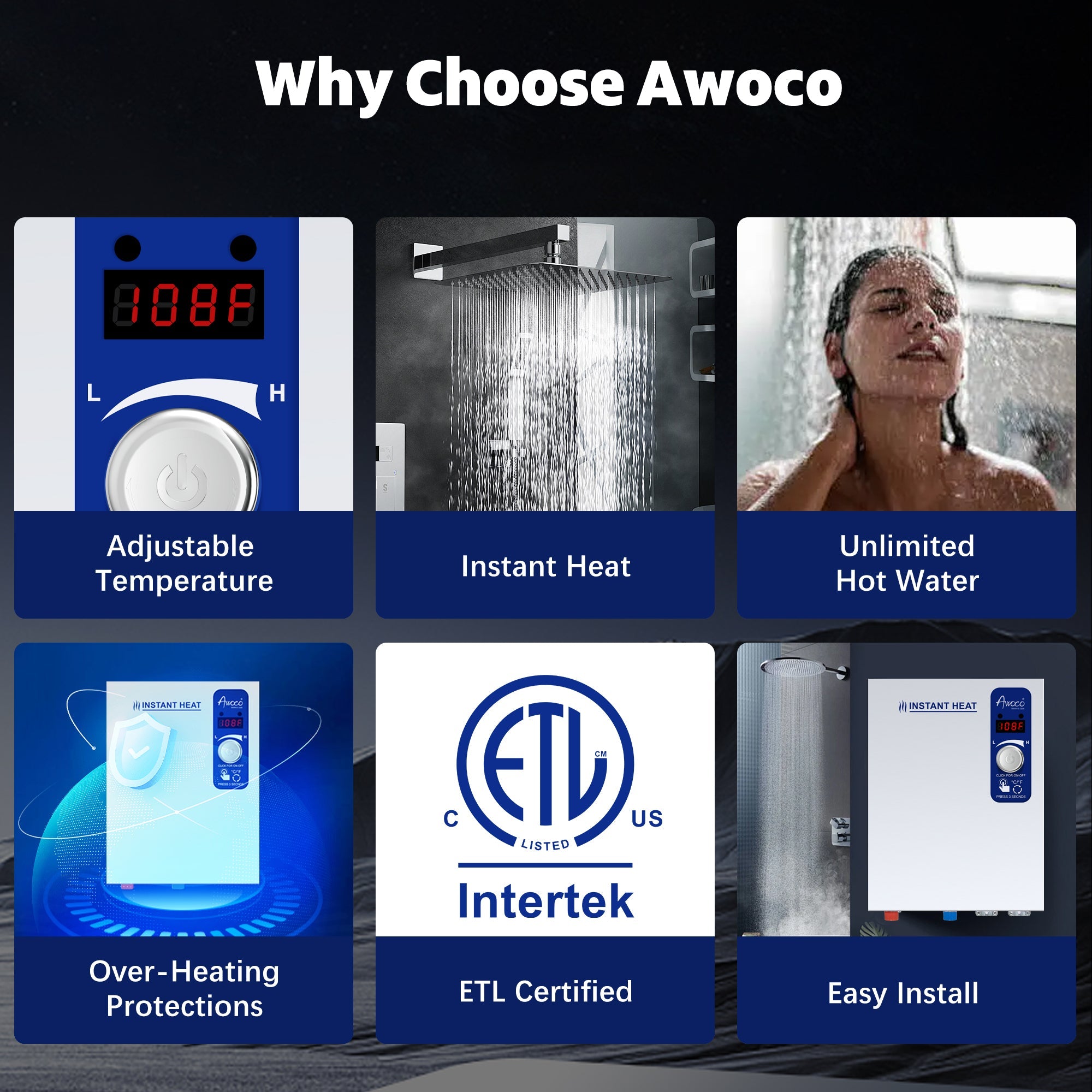 Awoco Electric Tankless Water Heater, 208-240V Adjustable Instant Heat Water Heater with Digital Temperature Display, Easy Install for Residential Whole Shower - WH-EL18K