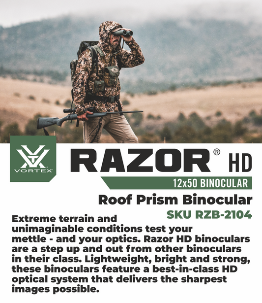 Vortex Optics Razor HD 12x50 Roof Prism Binocular RZB-2104 with Free Hat and Wearable4U Bundle - RZB-2104_Hat-CD_LCP
