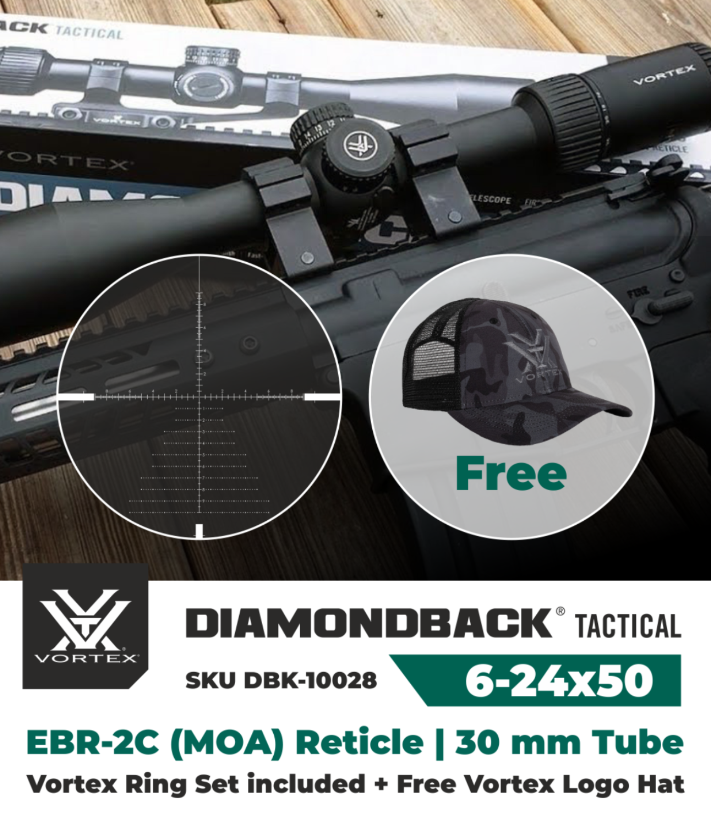 Vortex Optics Diamondback Tactical 6-24x50 EBR-2C (MOA) 30mm Tube Riflescope ( DBK-10028) with 30mm High Rings (1.18in) Set and Free Black Camo Hat Bundle - DBK-10028_TRH-2Pk_121-53-BCA