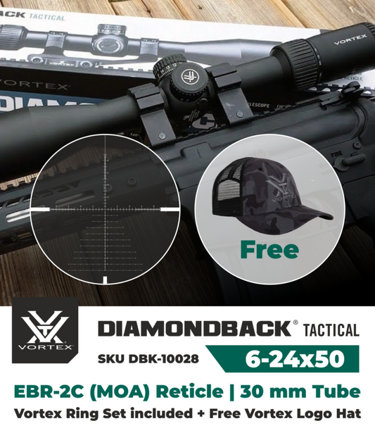 Vortex Optics Diamondback Tactical 6-24x50 EBR-2C (MOA) 30mm Tube Riflescope ( DBK-10028) with 30mm High Rings (1.18in) Set and Free Black Camo Hat Bundle - DBK-10028_TRH-2Pk_121-53-BCA