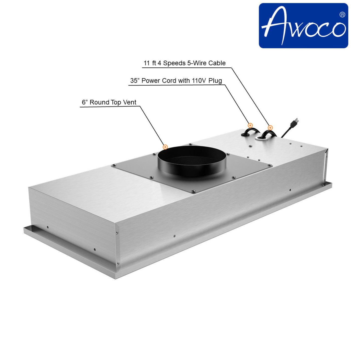 Awoco RH-IT08-R Ceiling Mount 14-1/2”D Super Quiet Split Stainless Steel Range Hood, 4-Speed, 1000 CFM, Mesh Filters, Remote Control with 8” Blower - RH-IT08-R30-COLD