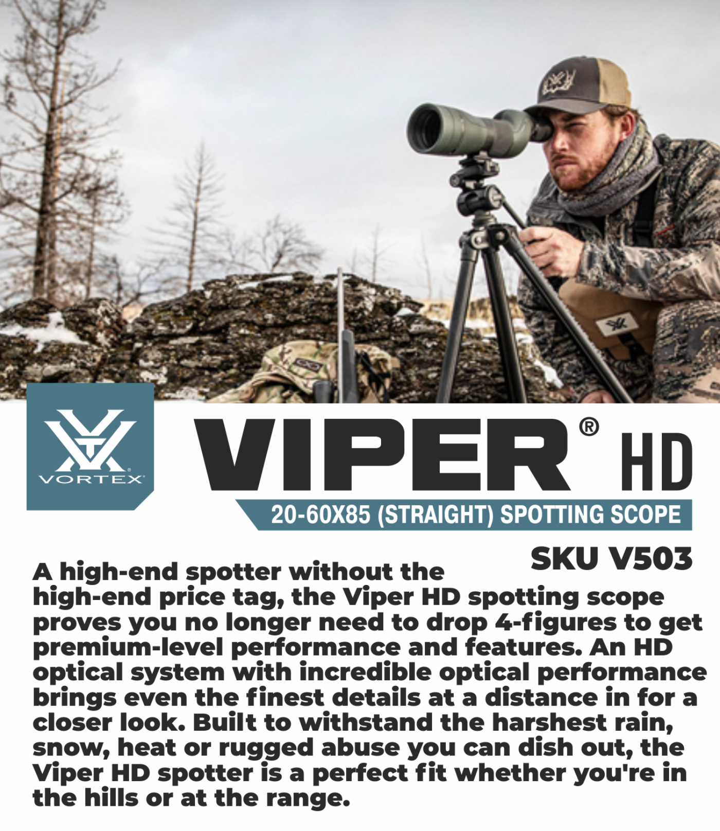 Vortex Optics Viper HD 20-60x85 Straight Spotting Scope V503 with Free Hat and Wearable4U Bundle - V503_Hat-CD_LCP