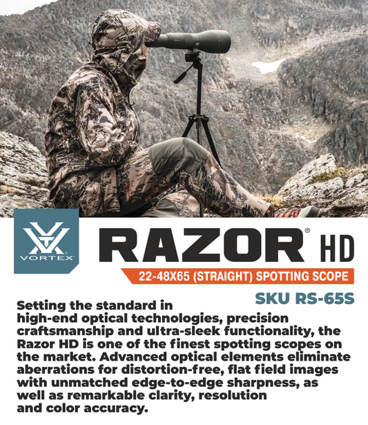 Vortex Optics Razor HD 22-48x65 (Straight) Spotting Scope with Free Hat and Wearable4U Bundle - RS-65S_Hat-CD_LCP