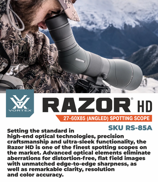 Vortex Optics Razor HD 27-60X85 (Angled) Spotting Scope RS-85A with Free Hat and Wearable4U Bundle - RS-85A_Hat-CD_LCP